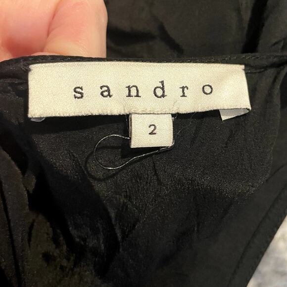 Sandro Paris Dress Womens 2 Black Short Sleeve Mini Silk Tie Neck Evening Event - Picture 9 of 12